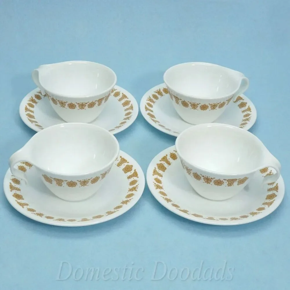 Corelle by Corning Butterfly Gold Coffee Tea Cups and Saucers Set of 4